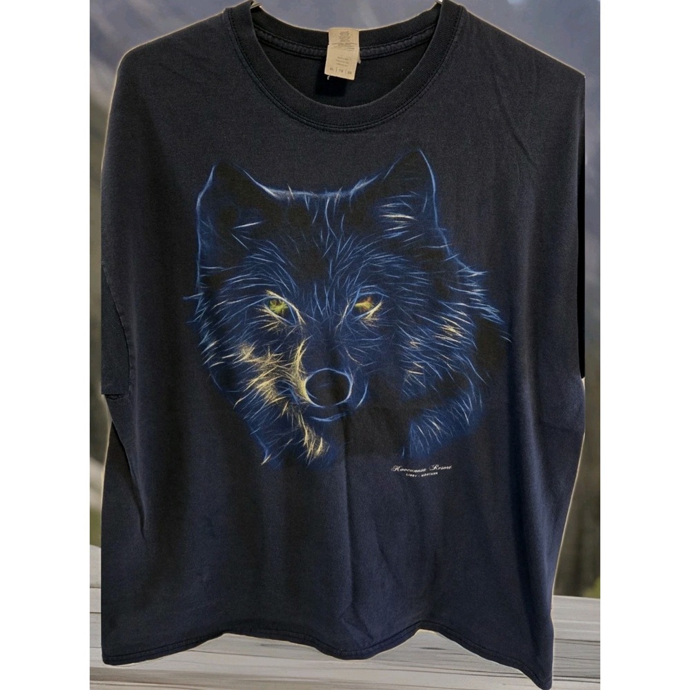 Wolf Graphic T Shirt Mens XL Navy Neon Eyes Koocanusa Resort Montana Tee Nature